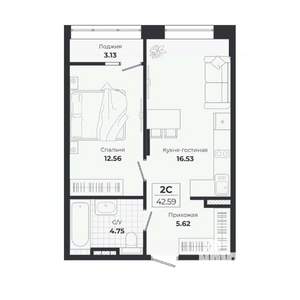 2-к квартира, строящийся дом, 39м2, 4/9 этаж