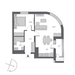 2-к квартира, строящийся дом, 56м2, 22/24 этаж