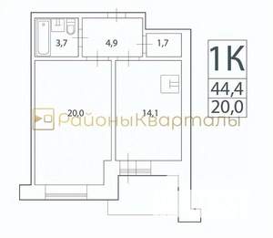1-к квартира, вторичка, 44м2, 4/15 этаж