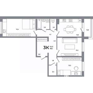 3-к квартира, вторичка, 83м2, 6/17 этаж
