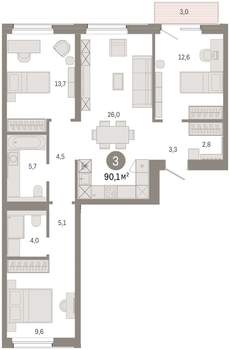 3-к квартира, вторичка, 90м2, 7/9 этаж
