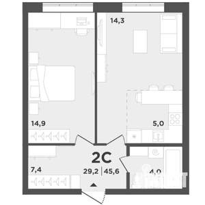 2-к квартира, вторичка, 46м2, 1/9 этаж