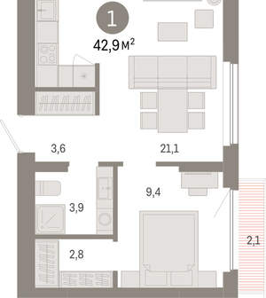 1-к квартира, вторичка, 43м2, 5/12 этаж