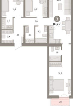 3-к квартира, вторичка, 89м2, 5/23 этаж
