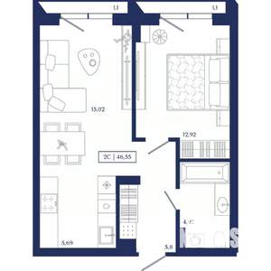 2-к квартира, вторичка, 47м2, 2/13 этаж