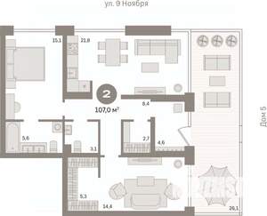 2-к квартира, сданный дом, 107м2, 1/10 этаж
