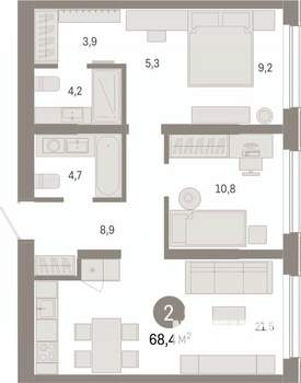 2-к квартира, вторичка, 68м2, 1/7 этаж