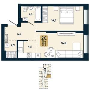 2-к квартира, вторичка, 50м2, 3/25 этаж
