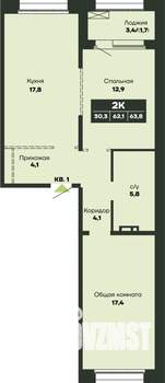 2-к квартира, вторичка, 64м2, 9/14 этаж