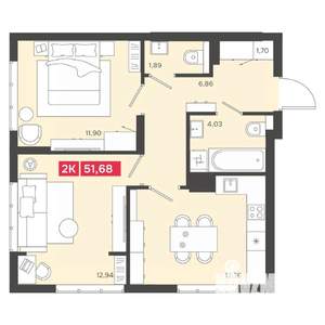 2-к квартира, вторичка, 52м2, 13/22 этаж