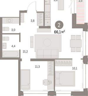 2-к квартира, вторичка, 66м2, 22/30 этаж