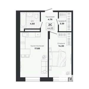 2-к квартира, вторичка, 45м2, 6/9 этаж