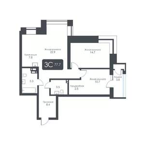 3-к квартира, строящийся дом, 78м2, 8/30 этаж