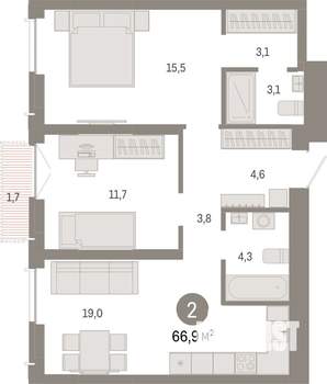 2-к квартира, вторичка, 67м2, 6/23 этаж