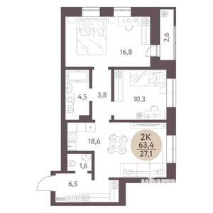 2-к квартира, вторичка, 63м2, 5/10 этаж