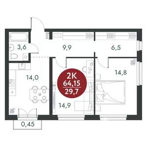 2-к квартира, вторичка, 64м2, 4/14 этаж