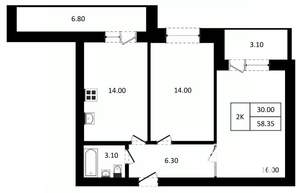 2-к квартира, вторичка, 58м2, 1/9 этаж