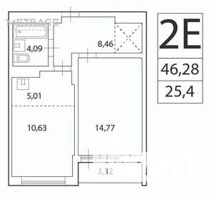2-к квартира, вторичка, 46м2, 4/23 этаж