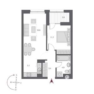 2-к квартира, строящийся дом, 46м2, 16/23 этаж