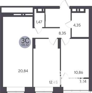2-к квартира, строящийся дом, 58м2, 23/25 этаж