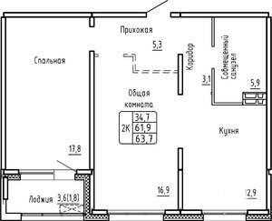 2-к квартира, строящийся дом, 64м2, 4/17 этаж