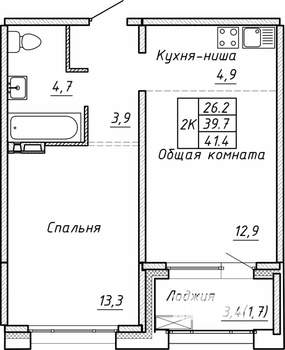 2-к квартира, вторичка, 41м2, 1/15 этаж