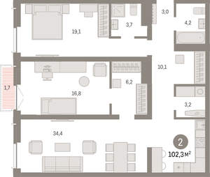 2-к квартира, вторичка, 102м2, 3/23 этаж