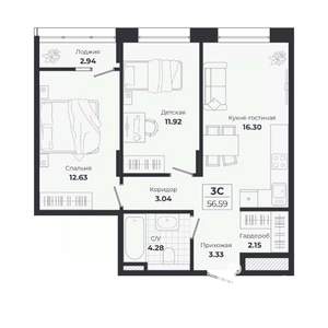 3-к квартира, строящийся дом, 54м2, 5/9 этаж