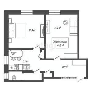 2-к квартира, вторичка, 60м2, 1/2 этаж