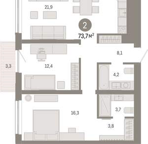 2-к квартира, вторичка, 74м2, 8/15 этаж