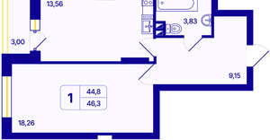 1-к квартира, вторичка, 46м2, 23/26 этаж