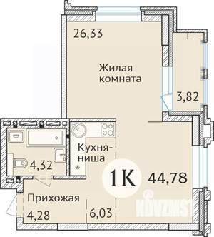 1-к квартира, сданный дом, 45м2, 2/23 этаж