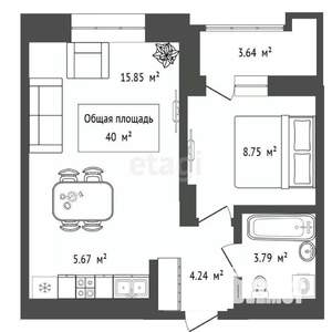 1-к квартира, вторичка, 40м2, 11/24 этаж