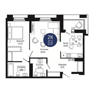 2-к квартира, вторичка, 63м2, 18/20 этаж