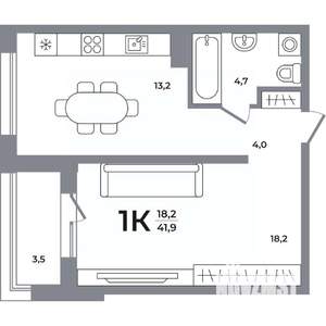 1-к квартира, вторичка, 41м2, 4/17 этаж