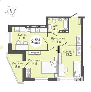 2-к квартира, вторичка, 61м2, 12/17 этаж
