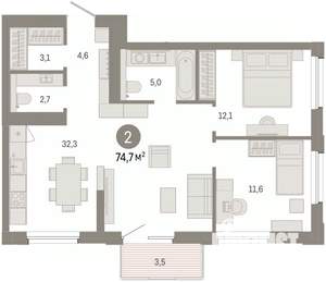 2-к квартира, вторичка, 75м2, 10/14 этаж