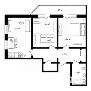 2-к квартира, вторичка, 73м2, 3/25 этаж