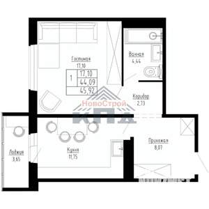 1-к квартира, строящийся дом, 46м2, 14/15 этаж