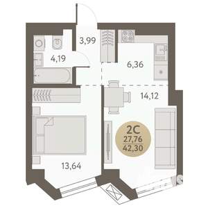2-к квартира, вторичка, 42м2, 16/31 этаж