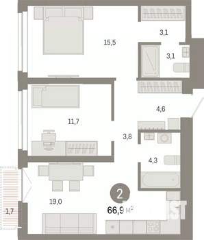 2-к квартира, вторичка, 67м2, 19/23 этаж