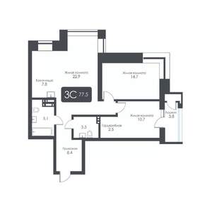 3-к квартира, строящийся дом, 78м2, 17/30 этаж