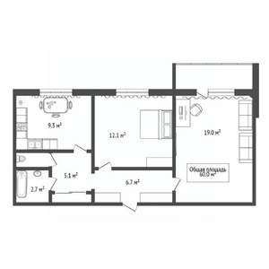 2-к квартира, вторичка, 60м2, 2/10 этаж