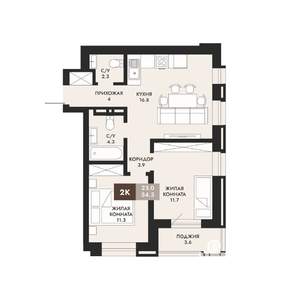 2-к квартира, вторичка, 54м2, 1/22 этаж