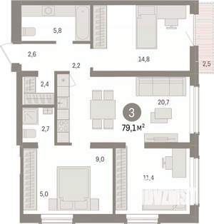 3-к квартира, вторичка, 79м2, 14/15 этаж