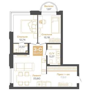 3-к квартира, вторичка, 68м2, 4/24 этаж