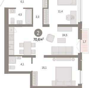 2-к квартира, вторичка, 71м2, 12/23 этаж