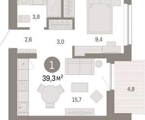 1-к квартира, вторичка, 39м2, 3/12 этаж