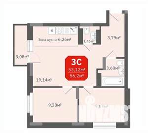3-к квартира, строящийся дом, 53м2, 14/17 этаж