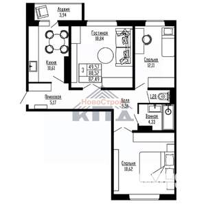 3-к квартира, вторичка, 82м2, 6/16 этаж